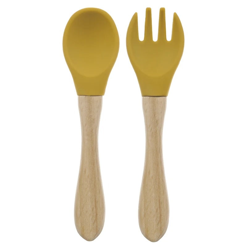 2PCS Silicone Spoon Fork For Baby Utensils Set Baby Feeding Spoon Cutlery Food Grade Material Wooden Handle Spoon Baby Items