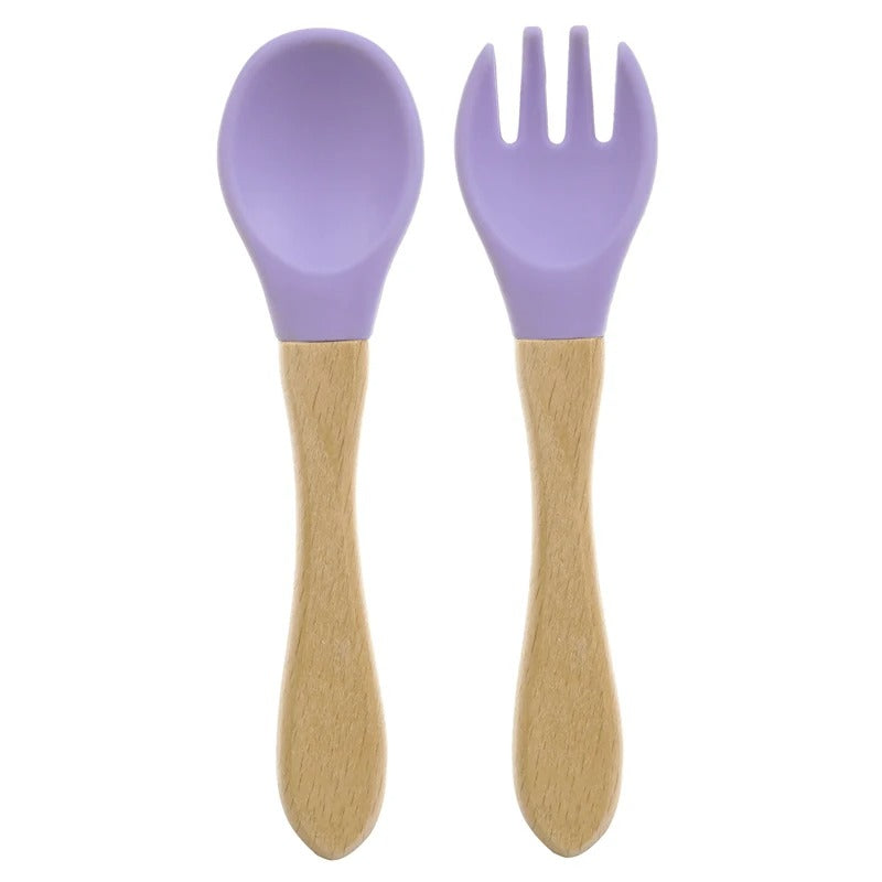 2PCS Silicone Spoon Fork For Baby Utensils Set Baby Feeding Spoon Cutlery Food Grade Material Wooden Handle Spoon Baby Items