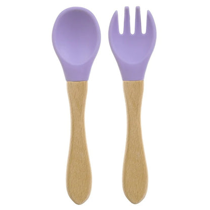 2PCS Silicone Spoon Fork For Baby Utensils Set Baby Feeding Spoon Cutlery Food Grade Material Wooden Handle Spoon Baby Items