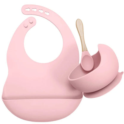 3PCS Baby Silicone Feeding Set Bibs Sucker Dinner Plate Antislip Bowl Spoon Cup Children's Tableware Baby Stuff