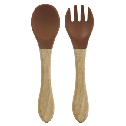 2PCS Silicone Spoon Fork For Baby Utensils Set Baby Feeding Spoon Cutlery Food Grade Material Wooden Handle Spoon Baby Items