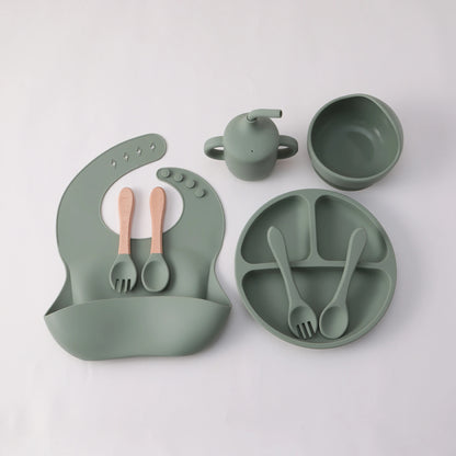 8PCS Silicone Baby Feeding Set Suction Plate BPA Free Straw Cup Waterproof Bib Spoon Fork Kids Learning Utensils Tableware