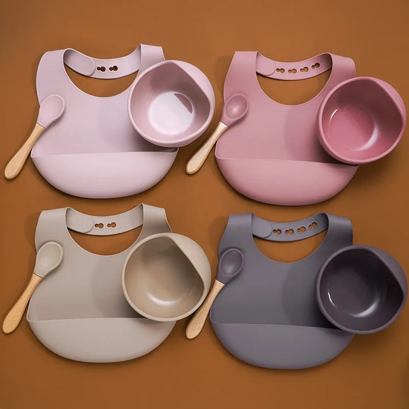 3PCS Baby Silicone Feeding Set Bibs Sucker Dinner Plate Antislip Bowl Spoon Cup Children's Tableware Baby Stuff