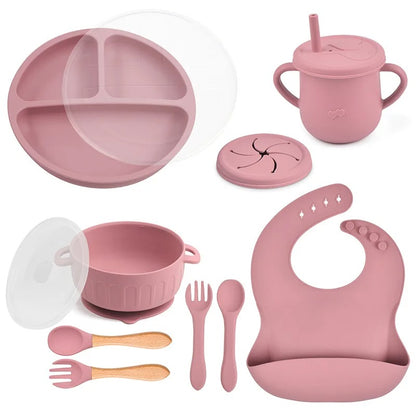 10pcs/Set Baby Children's Tableware Feeidng BPA Free Solid Color Food Plates Sucker Dishes Spoon Fork Sippy Cup Baby Stuff