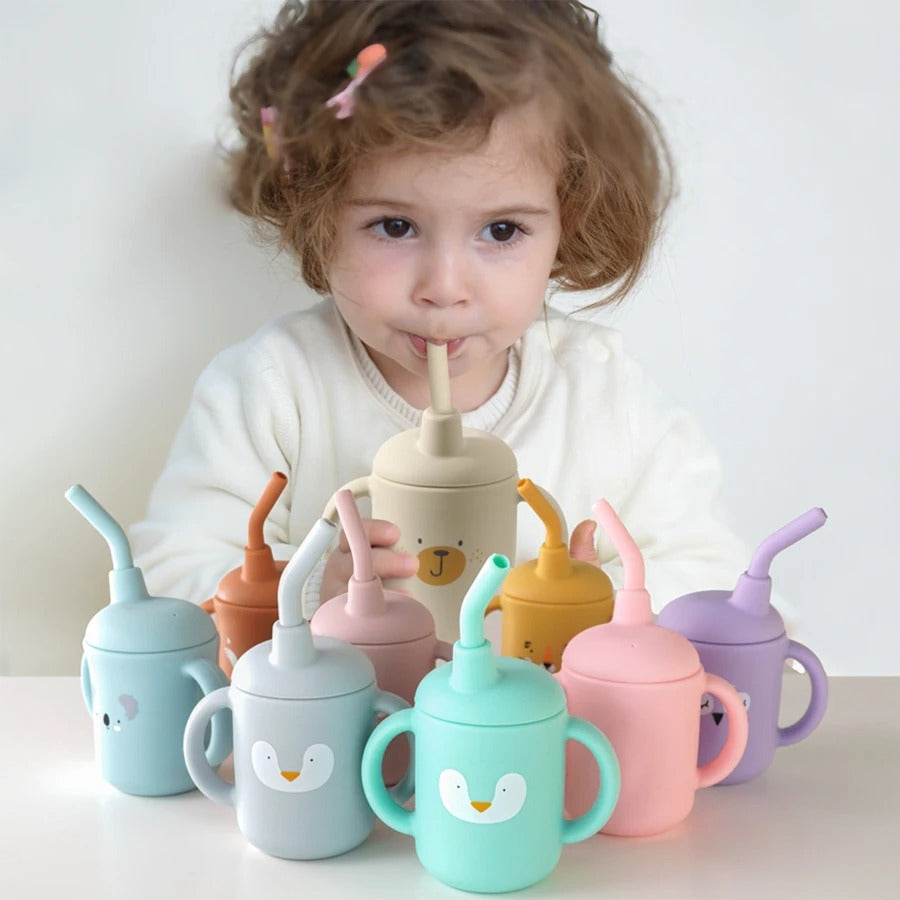 Portable Baby Feeding Bottle Cup Silicone Sippy Cups Children Leakproof Drinking Cups Cartoon Pattern Infant Straw Drinkware