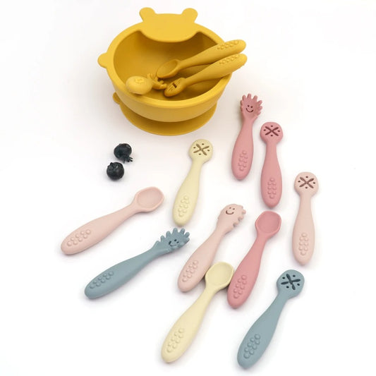 3PCS Kawaii Baby Learning Spoons Utensils Set Toddler Feeding Tableware Baby Silicone Teether Toys  Training Cutlery Baby Stuff