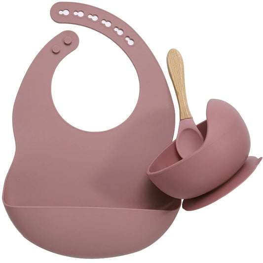 3PCS Baby Silicone Feeding Set Bibs Sucker Dinner Plate Antislip Bowl Spoon Cup Children's Tableware Baby Stuff