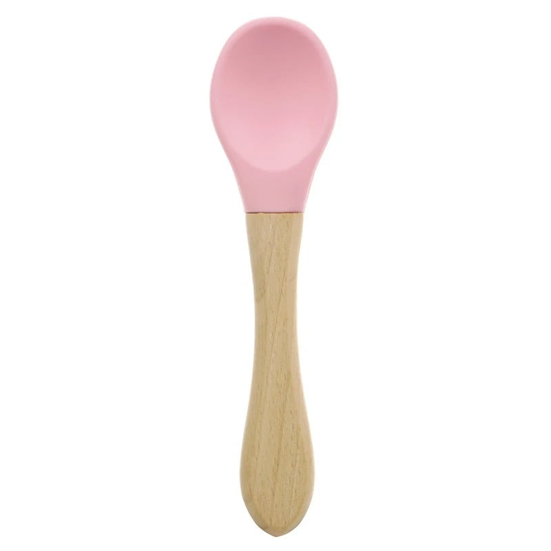 2PCS Silicone Spoon Fork For Baby Utensils Set Baby Feeding Spoon Cutlery Food Grade Material Wooden Handle Spoon Baby Items