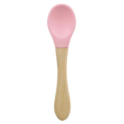2PCS Silicone Spoon Fork For Baby Utensils Set Baby Feeding Spoon Cutlery Food Grade Material Wooden Handle Spoon Baby Items