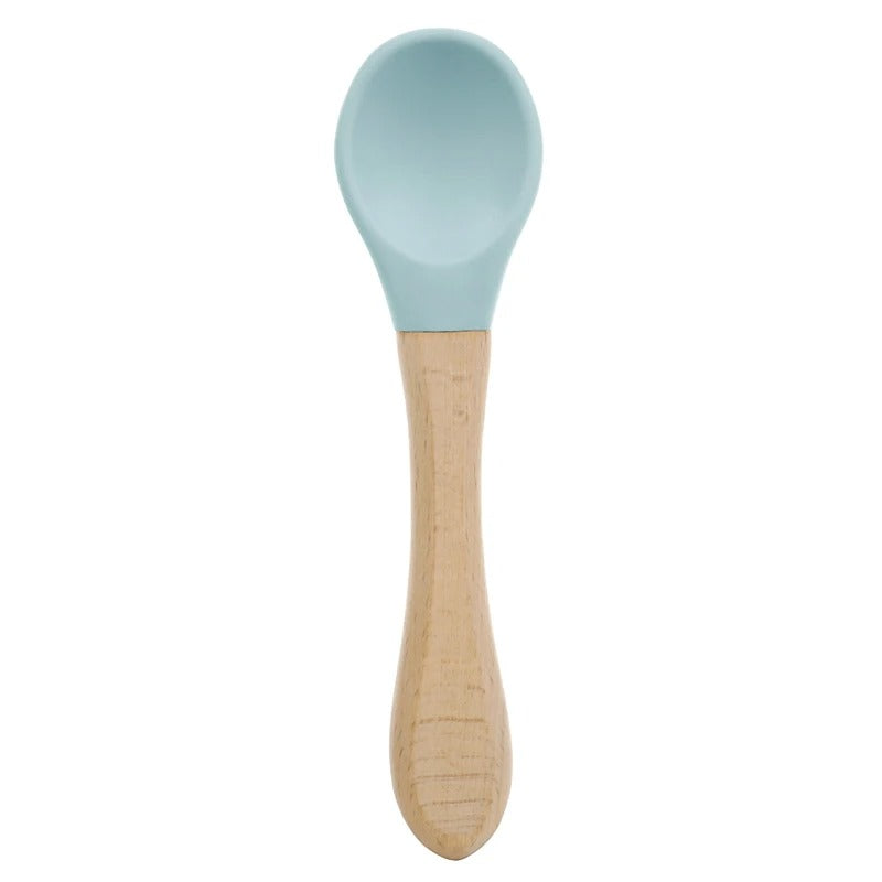 2PCS Silicone Spoon Fork For Baby Utensils Set Baby Feeding Spoon Cutlery Food Grade Material Wooden Handle Spoon Baby Items