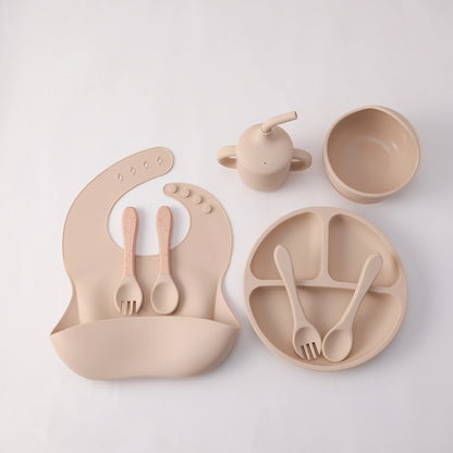 8PCS Silicone Baby Feeding Set Suction Plate BPA Free Straw Cup Waterproof Bib Spoon Fork Kids Learning Utensils Tableware