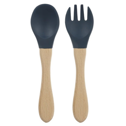 2PCS Silicone Spoon Fork For Baby Utensils Set Baby Feeding Spoon Cutlery Food Grade Material Wooden Handle Spoon Baby Items
