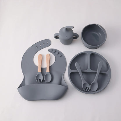 8PCS Silicone Baby Feeding Set Suction Plate BPA Free Straw Cup Waterproof Bib Spoon Fork Kids Learning Utensils Tableware