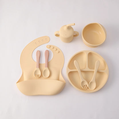 8PCS Silicone Baby Feeding Set Suction Plate BPA Free Straw Cup Waterproof Bib Spoon Fork Kids Learning Utensils Tableware