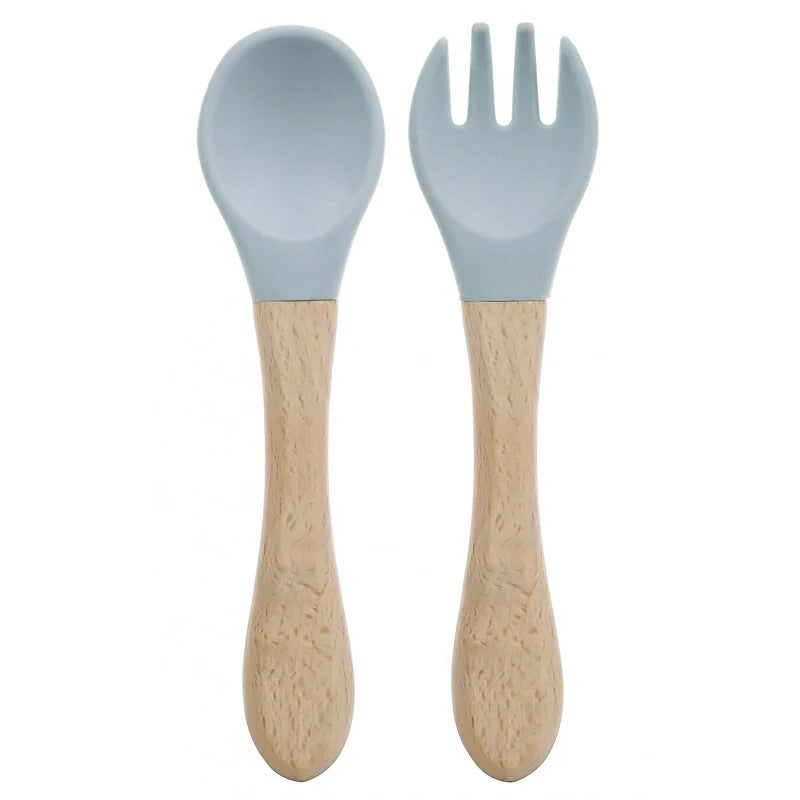 2PCS Silicone Spoon Fork For Baby Utensils Set Baby Feeding Spoon Cutlery Food Grade Material Wooden Handle Spoon Baby Items