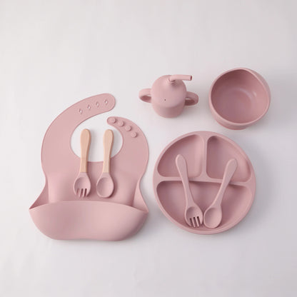 8PCS Silicone Baby Feeding Set Suction Plate BPA Free Straw Cup Waterproof Bib Spoon Fork Kids Learning Utensils Tableware