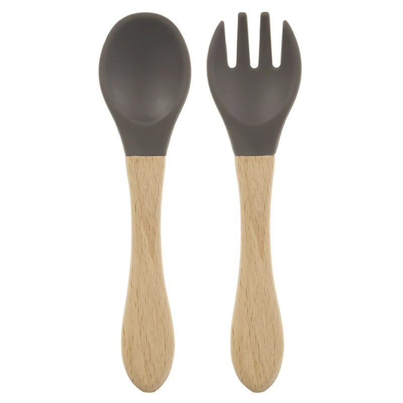 2PCS Silicone Spoon Fork For Baby Utensils Set Baby Feeding Spoon Cutlery Food Grade Material Wooden Handle Spoon Baby Items