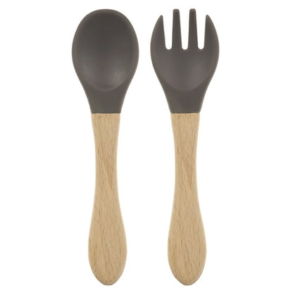 2PCS Silicone Spoon Fork For Baby Utensils Set Baby Feeding Spoon Cutlery Food Grade Material Wooden Handle Spoon Baby Items