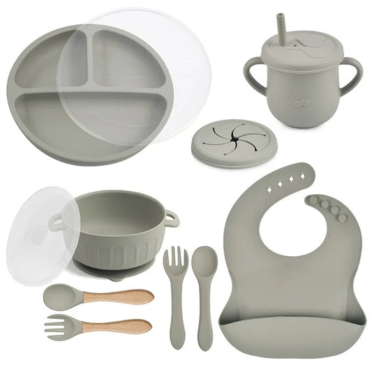 10pcs/Set Baby Children's Tableware Feeidng BPA Free Solid Color Food Plates Sucker Dishes Spoon Fork Sippy Cup Baby Stuff