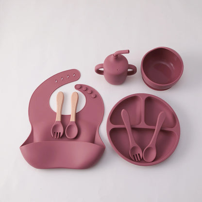 8PCS Silicone Baby Feeding Set Suction Plate BPA Free Straw Cup Waterproof Bib Spoon Fork Kids Learning Utensils Tableware