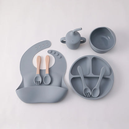 8PCS Silicone Baby Feeding Set Suction Plate BPA Free Straw Cup Waterproof Bib Spoon Fork Kids Learning Utensils Tableware