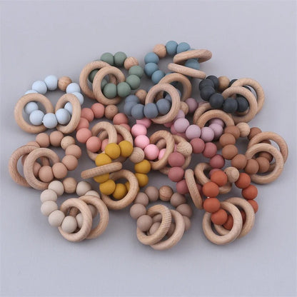 Baby Health Nursing Bracelets Teether Bab Toys Silicone Beads Wooden Ring Teething Wood Rattles Fidget Toys Newborn Accessories