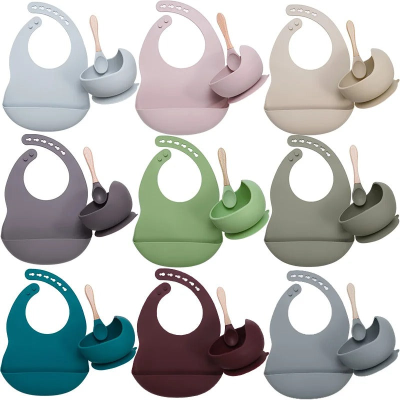 3PCS Baby Silicone Feeding Set Bibs Sucker Dinner Plate Antislip Bowl Spoon Cup Children's Tableware Baby Stuff