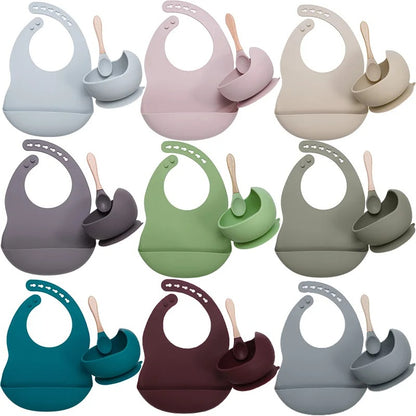 3PCS Baby Silicone Feeding Set Bibs Sucker Dinner Plate Antislip Bowl Spoon Cup Children's Tableware Baby Stuff