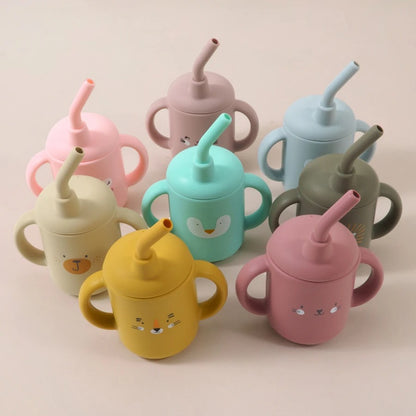 Portable Baby Feeding Bottle Cup Silicone Sippy Cups Children Leakproof Drinking Cups Cartoon Pattern Infant Straw Drinkware