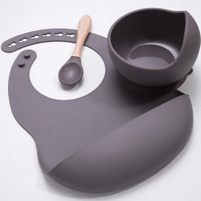 3PCS Baby Silicone Feeding Set Bibs Sucker Dinner Plate Antislip Bowl Spoon Cup Children's Tableware Baby Stuff