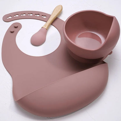 3PCS Baby Silicone Feeding Set Bibs Sucker Dinner Plate Antislip Bowl Spoon Cup Children's Tableware Baby Stuff
