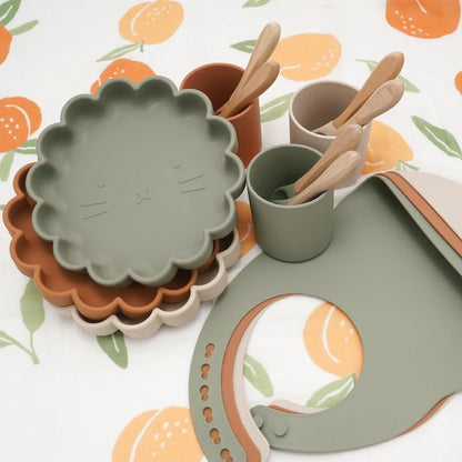 Hot Sale BPA Free Children's Tableware Oval Lace Cute Food Plates Waterproof Bowl Plates Solid Color Spoon Fork Set Baby Stuff