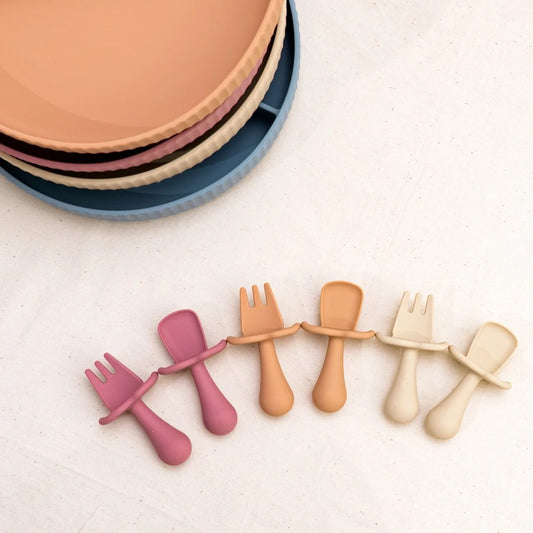 2pc Baby Silicone Spoon Fork Feeding Set Kid Training Dishes Plate Children's Tableware Toddlers Weaning Baby Accessories