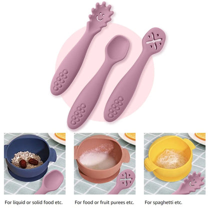 3PCS Kawaii Baby Learning Spoons Utensils Set Toddler Feeding Tableware Baby Silicone Teether Toys  Training Cutlery Baby Stuff