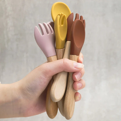 2PCS Silicone Spoon Fork For Baby Utensils Set Baby Feeding Spoon Cutlery Food Grade Material Wooden Handle Spoon Baby Items