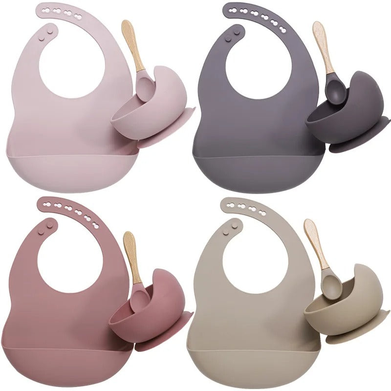 3PCS Baby Silicone Feeding Set Bibs Sucker Dinner Plate Antislip Bowl Spoon Cup Children's Tableware Baby Stuff