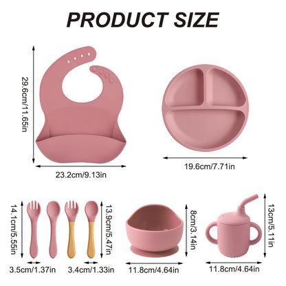 8PCS Silicone Baby Feeding Set Suction Plate BPA Free Straw Cup Waterproof Bib Spoon Fork Kids Learning Utensils Tableware