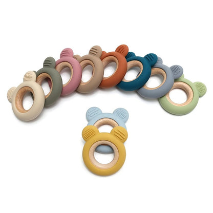 1PC Baby Silicone Teether Toy Cartoon Shape Wooden Teether Ring Kid Toy Food Grade Children's Chewing Teething Toys Accessories