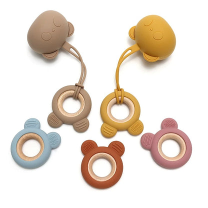 1PC Baby Silicone Teether Toy Cartoon Shape Wooden Teether Ring Kid Toy Food Grade Children's Chewing Teething Toys Accessories