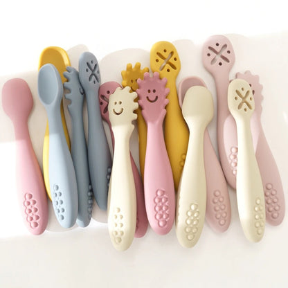 3PCS Kawaii Baby Learning Spoons Utensils Set Toddler Feeding Tableware Baby Silicone Teether Toys  Training Cutlery Baby Stuff