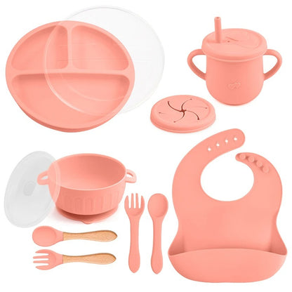 10pcs/Set Baby Children's Tableware Feeidng BPA Free Solid Color Food Plates Sucker Dishes Spoon Fork Sippy Cup Baby Stuff