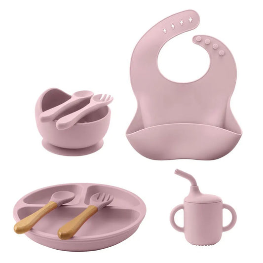 8PCS/Set BPA Free Silicone Baby Feeding Set Sucker Bowl Dishes Plate Straw Cup Spoon Forks Baby Bib For Children's Tableware