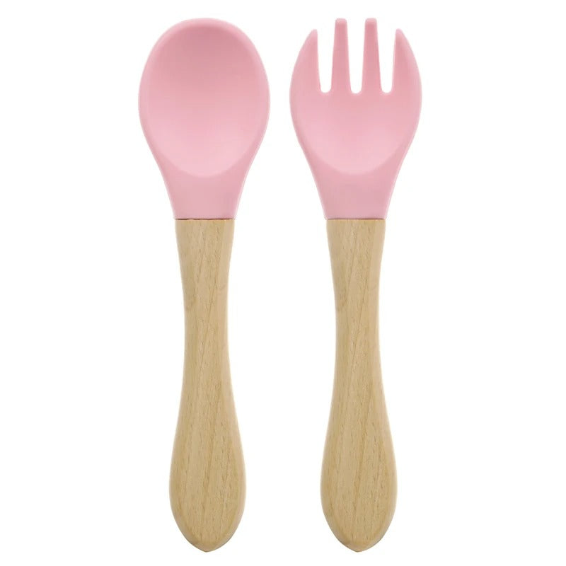 2PCS Silicone Spoon Fork For Baby Utensils Set Baby Feeding Spoon Cutlery Food Grade Material Wooden Handle Spoon Baby Items