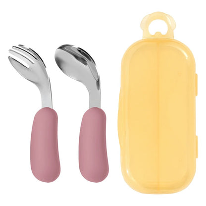 2PCS Baby Silicone Stainless Steel Fork Spoon Feeding Set Portable Kids Training Weaning Tableware Toddler Utensils Baby Stuff