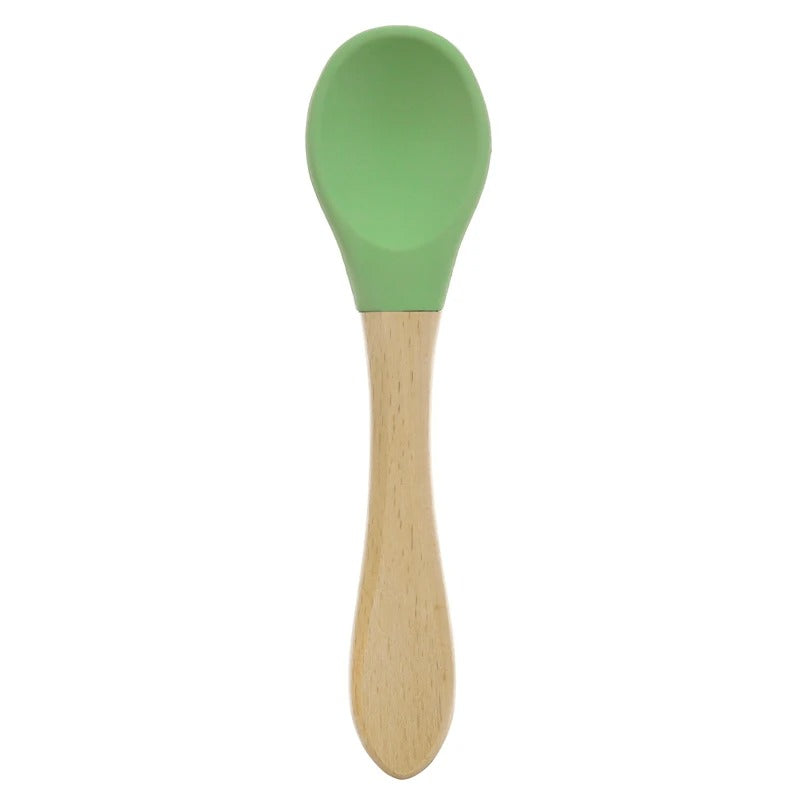 2PCS Silicone Spoon Fork For Baby Utensils Set Baby Feeding Spoon Cutlery Food Grade Material Wooden Handle Spoon Baby Items