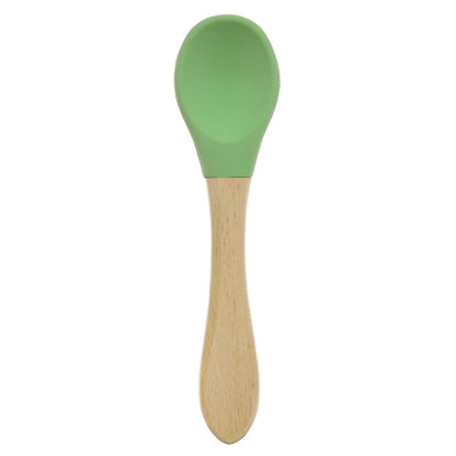 2PCS Silicone Spoon Fork For Baby Utensils Set Baby Feeding Spoon Cutlery Food Grade Material Wooden Handle Spoon Baby Items