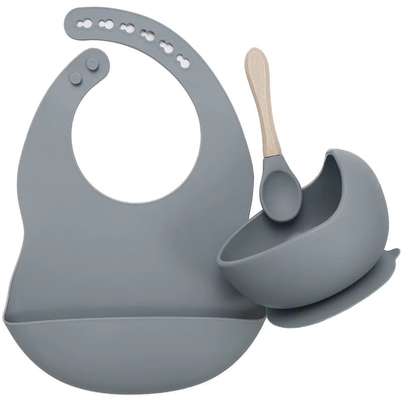 3PCS Baby Silicone Feeding Set Bibs Sucker Dinner Plate Antislip Bowl Spoon Cup Children's Tableware Baby Stuff