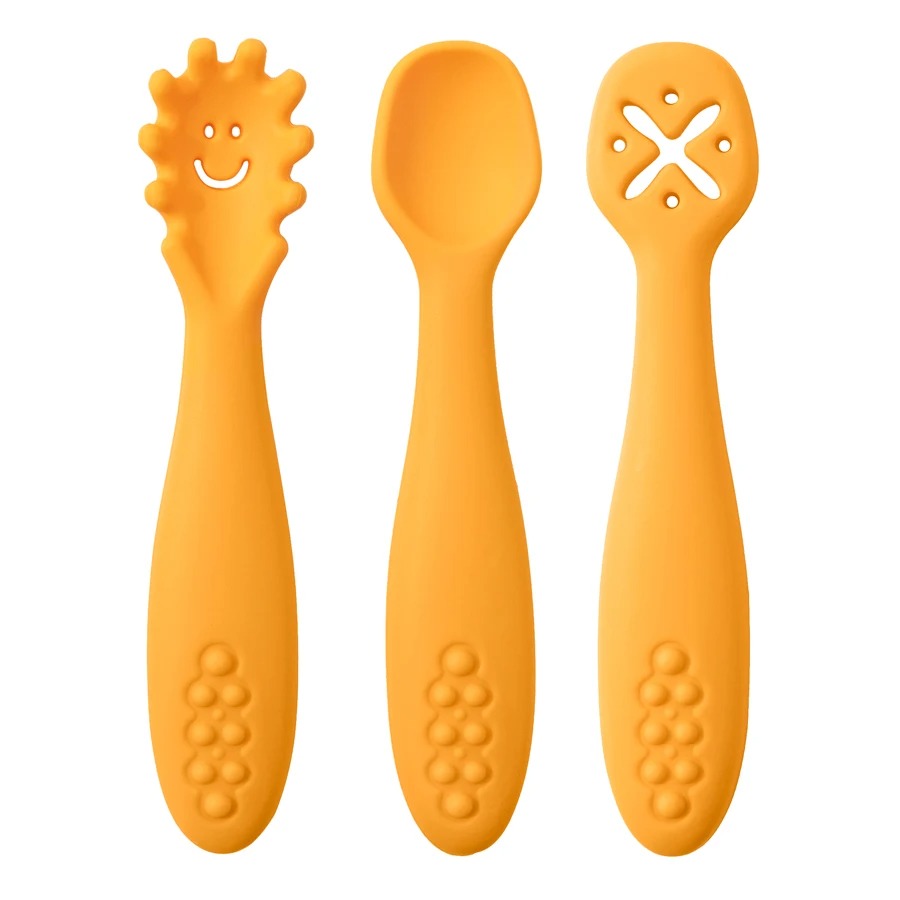 3PCS Kawaii Baby Learning Spoons Utensils Set Toddler Feeding Tableware Baby Silicone Teether Toys  Training Cutlery Baby Stuff