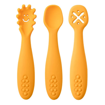 3PCS Kawaii Baby Learning Spoons Utensils Set Toddler Feeding Tableware Baby Silicone Teether Toys  Training Cutlery Baby Stuff